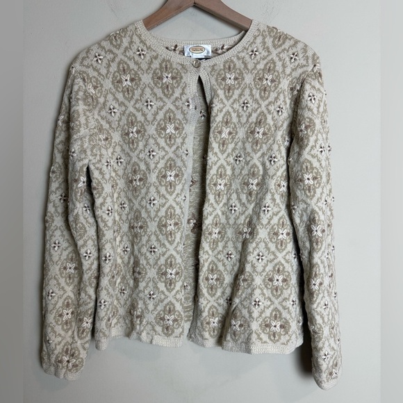 Vintage Talbots Womens Floral 3D Print Button Cardigan Sweater Large Tan Grandma - Picture 1 of 5